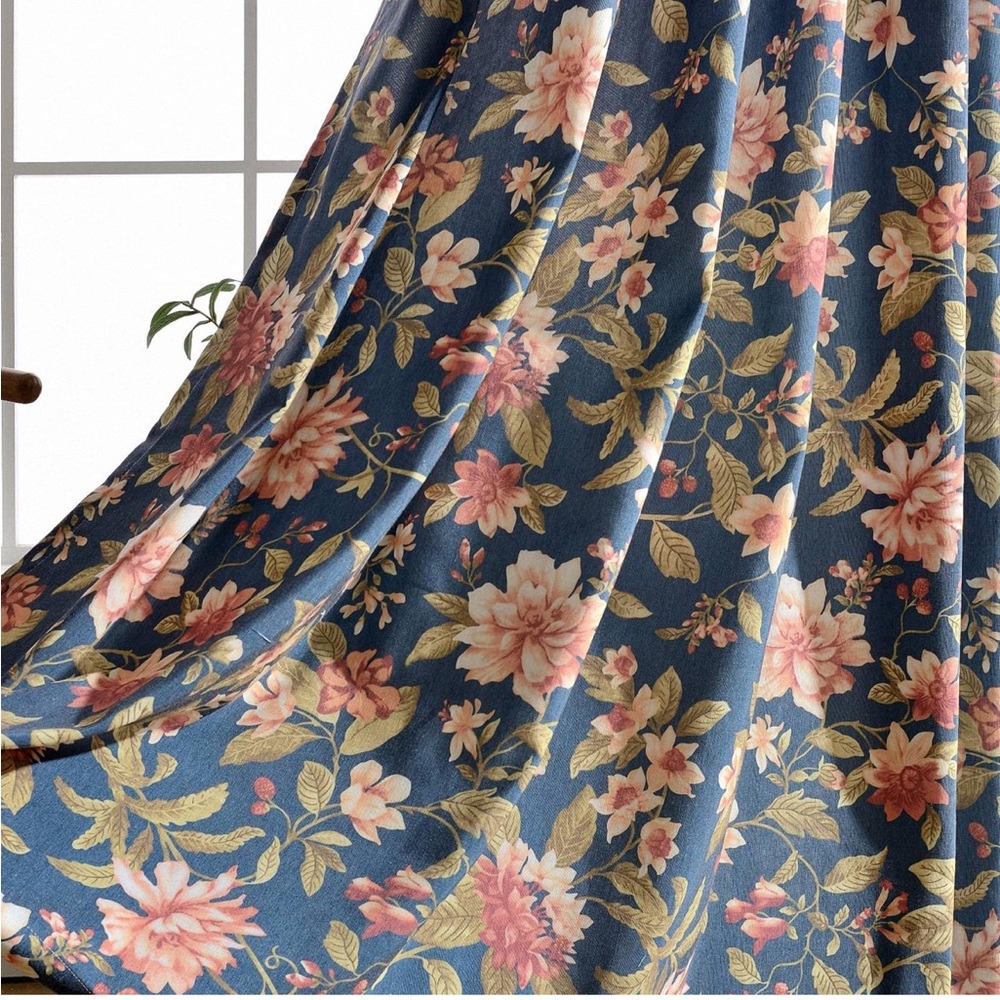 Elodie Navy and Orange Floral Curtain PAIR with Silver Grommets 52X96